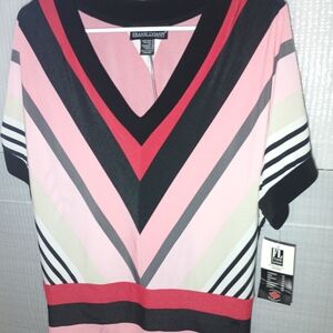 Frank Lyman Black, White & Pink Striped V-Neck Top